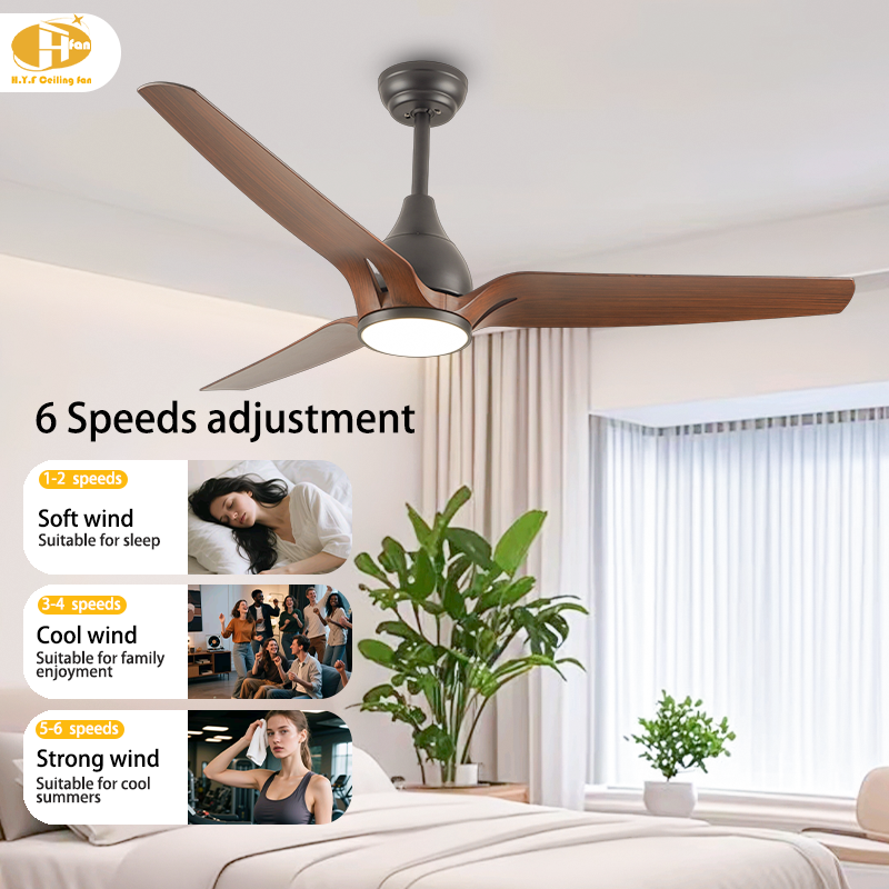 Bedroom illustration of a three-blade wood-grain fan light, accompanied by a guide to its six fan-speed settings.