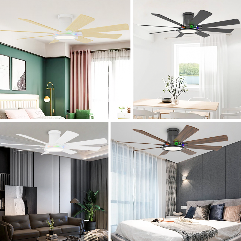 Flush Mount Ceiling Fan RGB Dimmable LED Light with Remote for Large Living Room