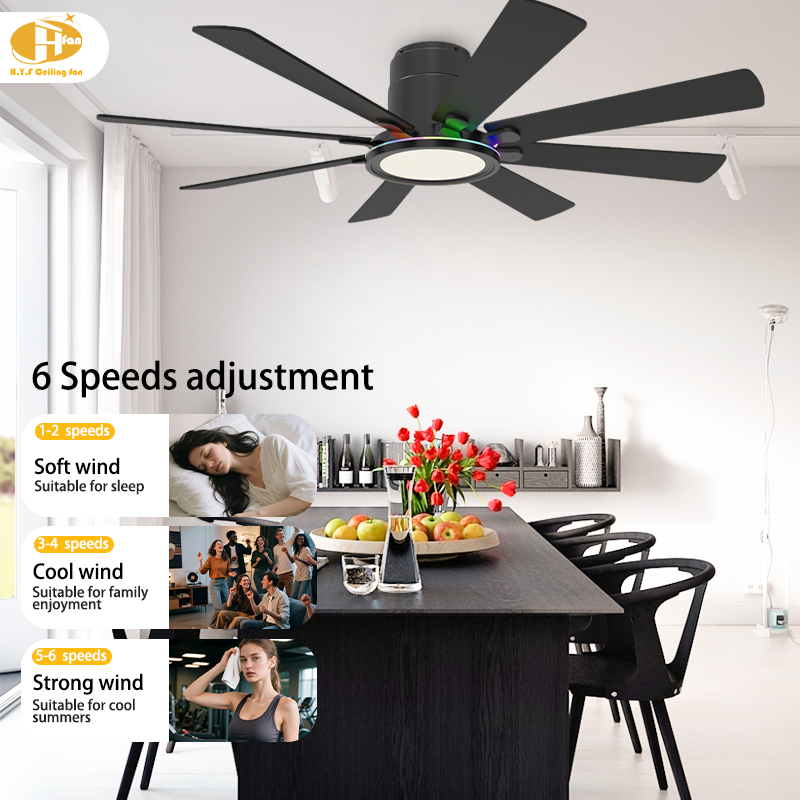 Large Flush Mount Ceiling Fan with RGB Light and Remote - 8 Blades