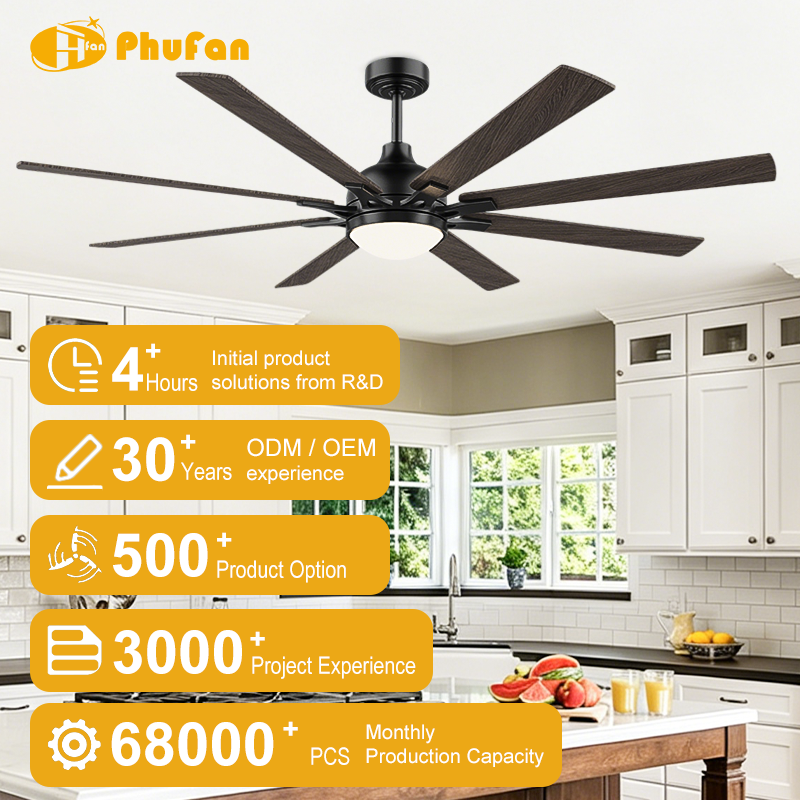Ceiling fan with light and timer for kitchen, eight-blade model shown above an island in a room illustration.