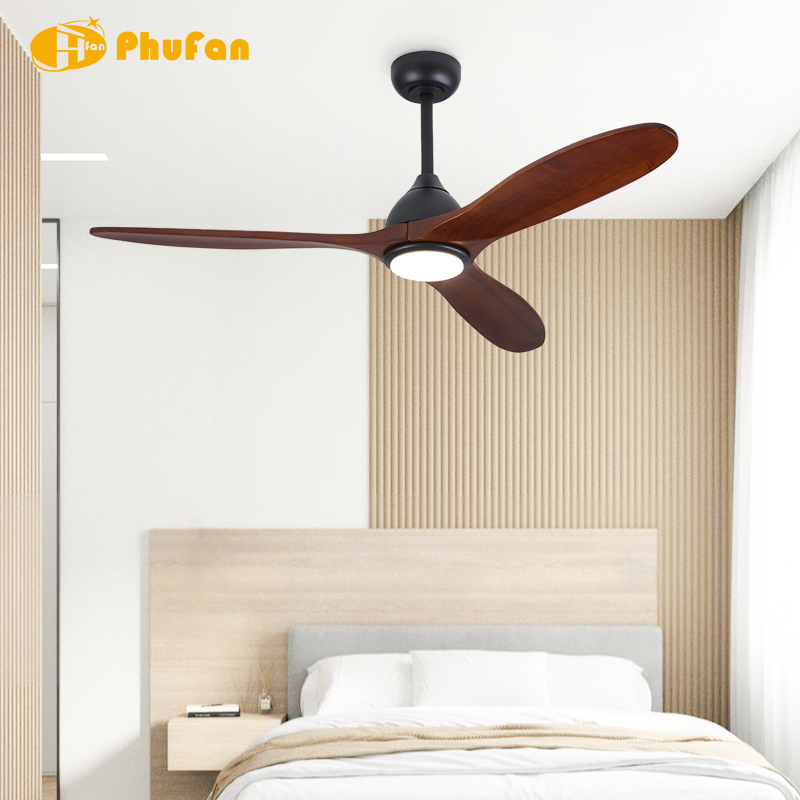Solid Wood Blades Ceiling Fan, Dimmable LED Light & Remote Control for Bedroom