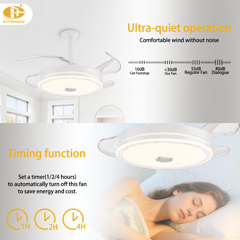 Retractable Ceiling Fan DC Motor RGB Dimmable LED Tuya Smart Control for Villa