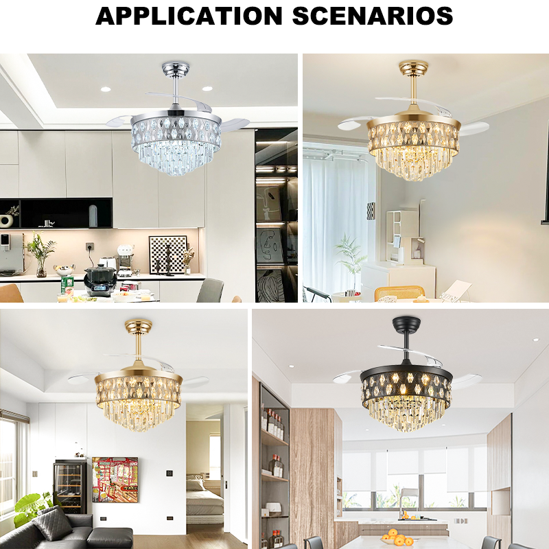 Luxury Crystal Retractable Ceiling Fan Remote Control DC Motor for Dining Room
