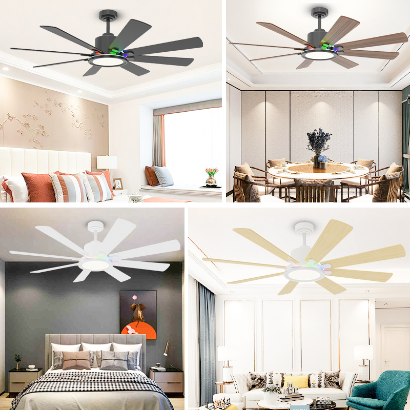 8-Blade Downrod Mount Ceiling Fan Reversible Wood Blades RGB Ambient LED Light