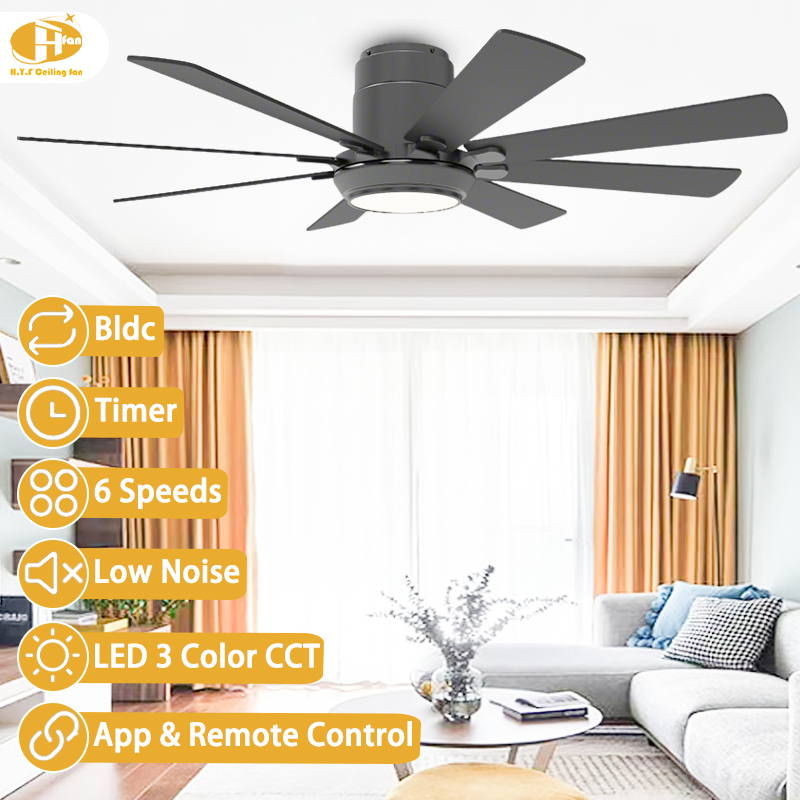 Hugger ceiling fan with light for living room, eight black plywood blades and a round LED panel in a feature illustration.