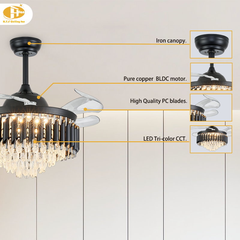 Crystal Ceiling Fan Light, Hidden Transparent Blades, Remote Control for Dining