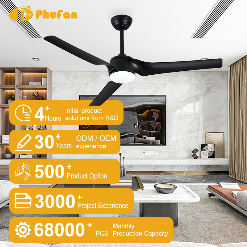 Black ceiling fan with light for living room, three ABS blades pictured in a seating-area illustration.