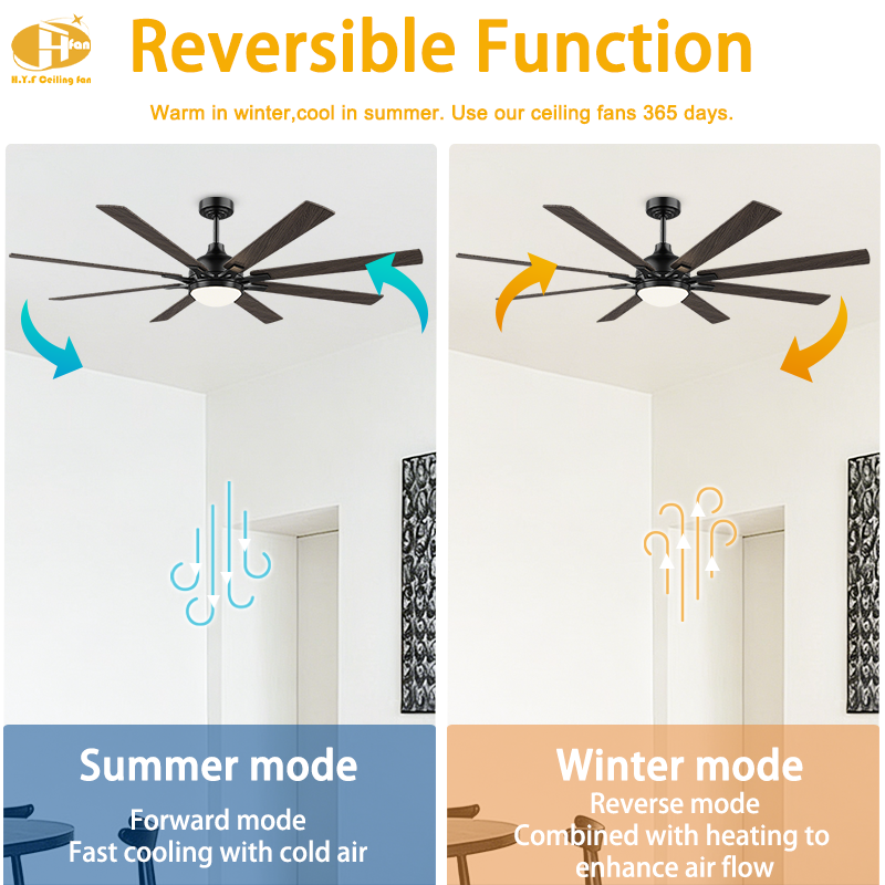 Eight-blade wood-grain fan light in a diagram illustrating reversible airflow for summer and winter.