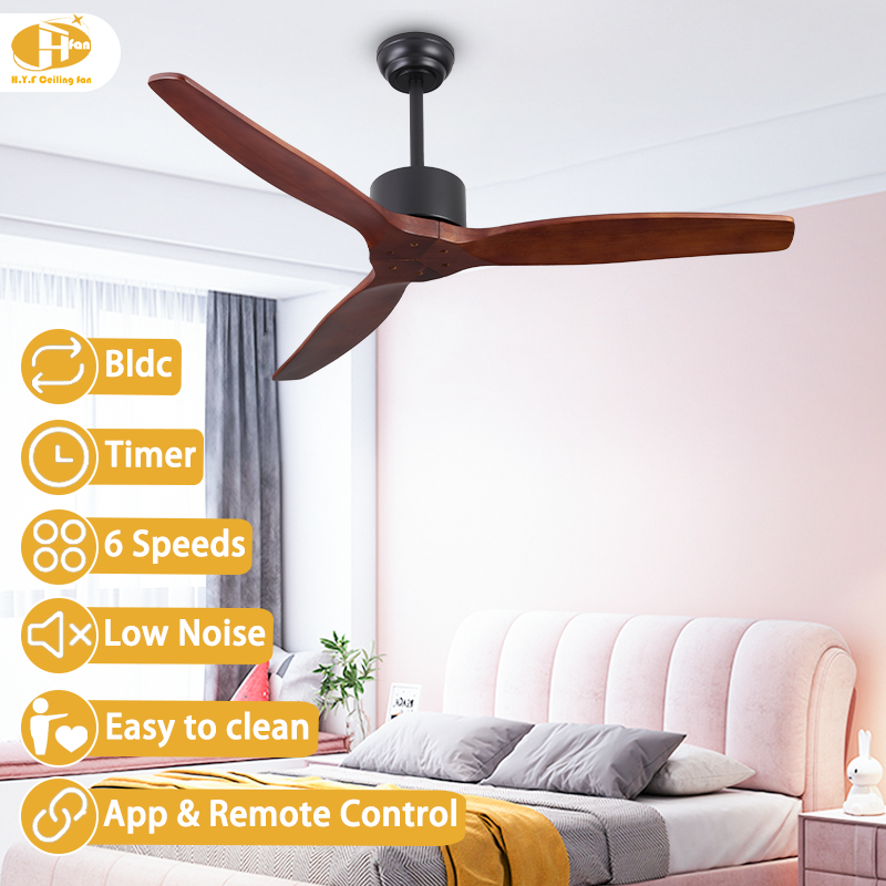 Wooden Ceiling Fan Without Light Reversible Quiet DC Motor & Remote Control