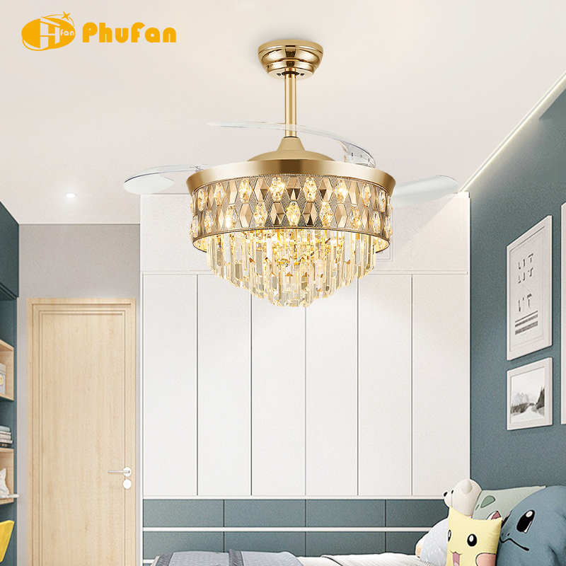 Luxury Crystal Retractable Ceiling Fan Remote Control DC Motor for Dining Room