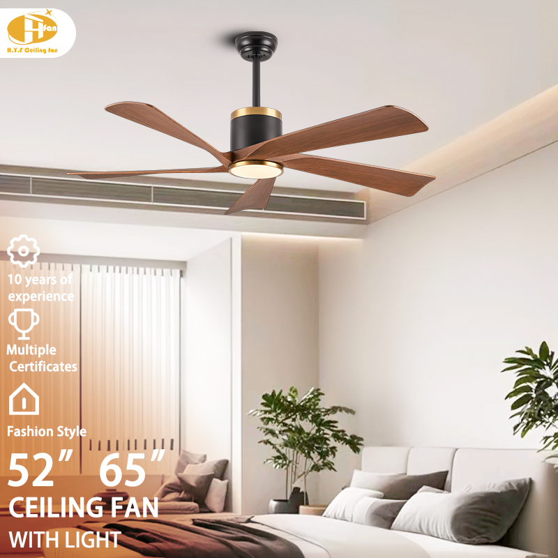 Modern ceiling fan with light and smart control, shown in a furnished-room graphic labeled 52 and 65 inches.