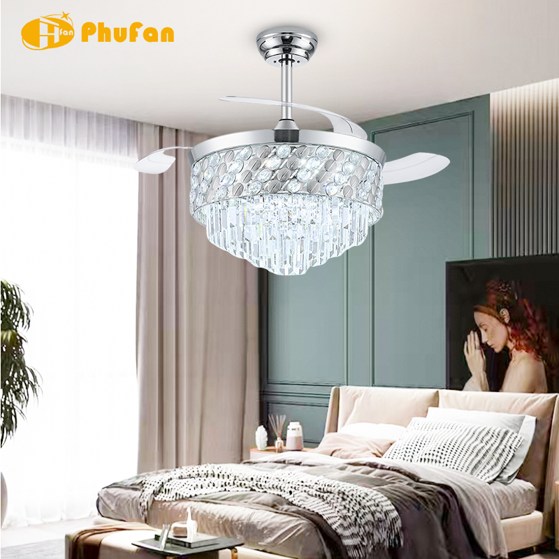 Round Dual-Layer Crystal Retractable Ceiling Fan Light Remote Control for Villa