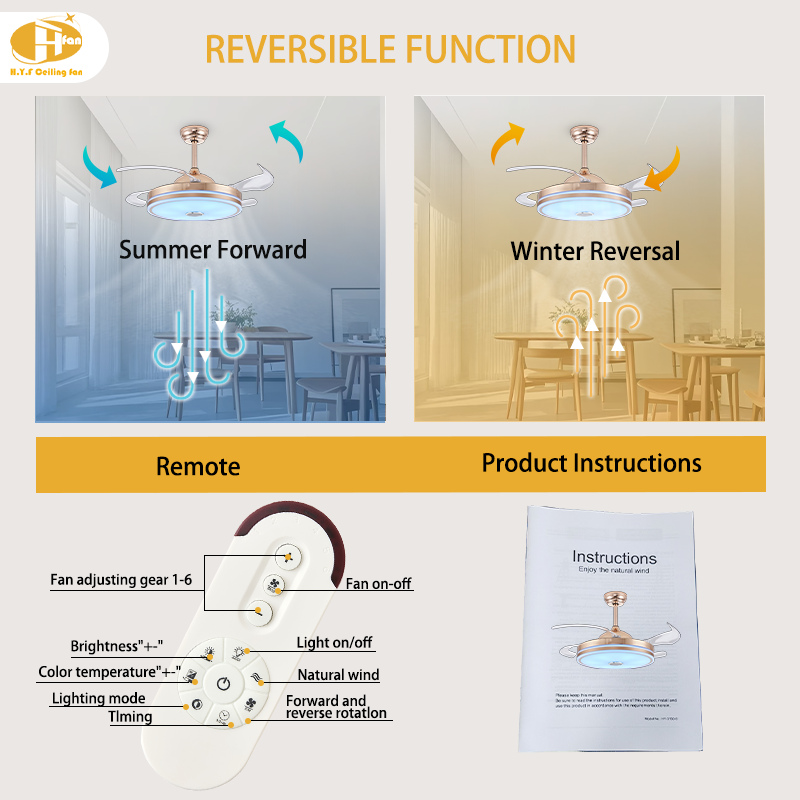 Retractable Ceiling Fan DC Motor RGB Dimmable LED Tuya Smart Control for Villa