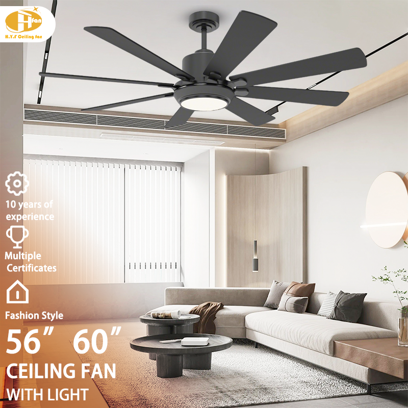 Large ceiling fan with light for living room, eight black blades pictured above a sofa in an interior illustration.