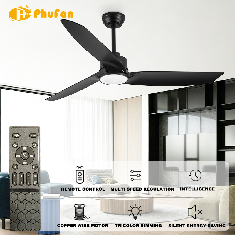 56 Inch Black Ceiling Fan with Light and Remote - 3 ABS Blades