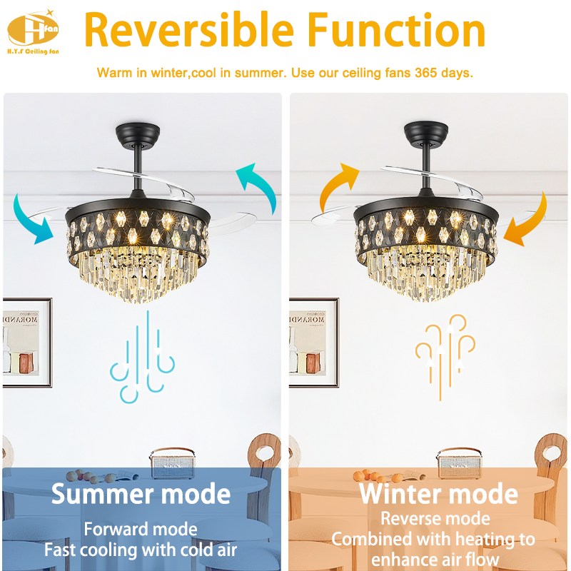 Luxury Crystal Retractable Ceiling Fan Remote Control DC Motor for Dining Room