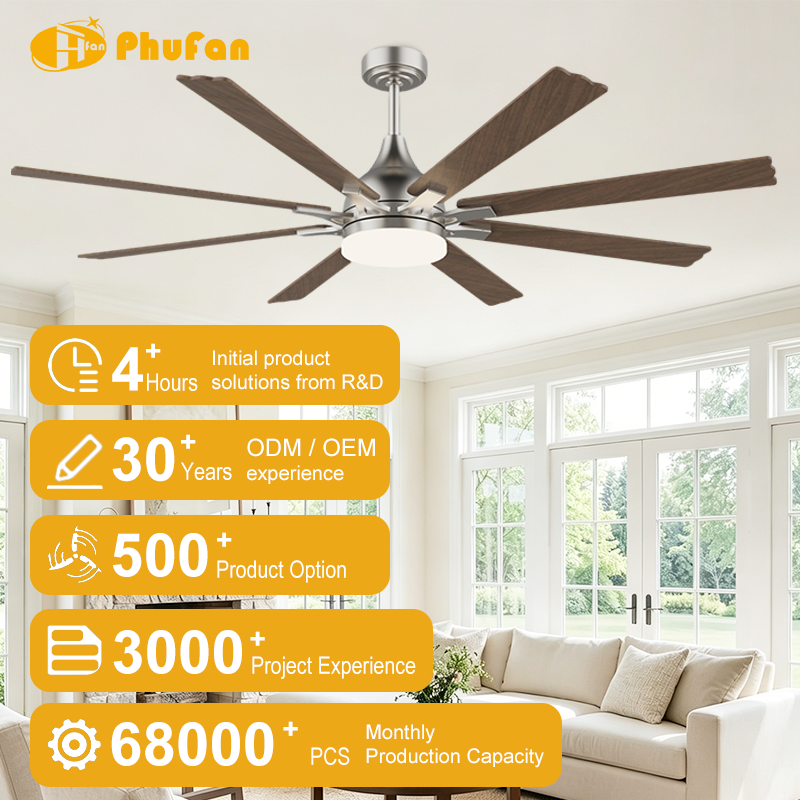 Brushed nickel ceiling fan with light for living room, eight wood-grain blades pictured above a seating area.