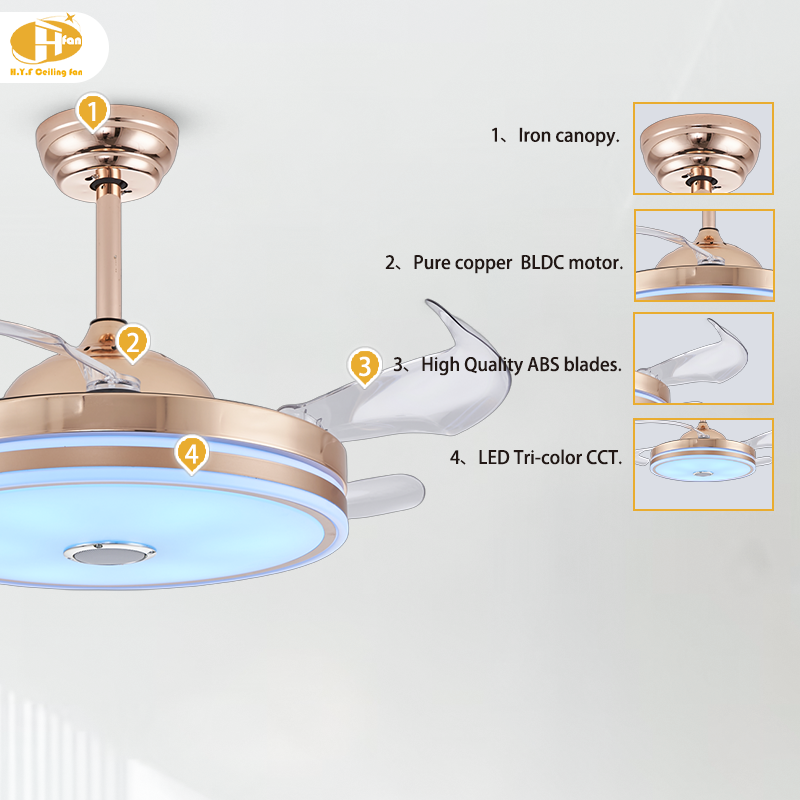 Retractable Ceiling Fan DC Motor RGB Dimmable LED Tuya Smart Control for Villa