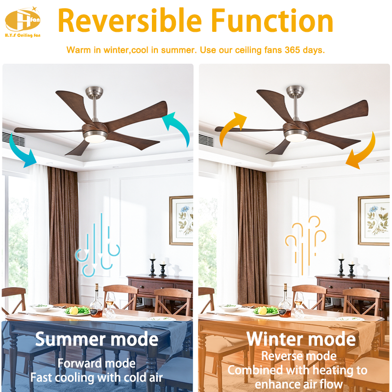 Five-blade wood-grain fan light in a diagram showing forward summer airflow and reverse winter airflow.