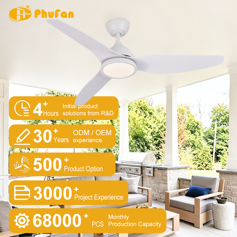 Outdoor ceiling fan with light for covered patio, three white blades pictured above a seating area beside an outdoor kitchen.