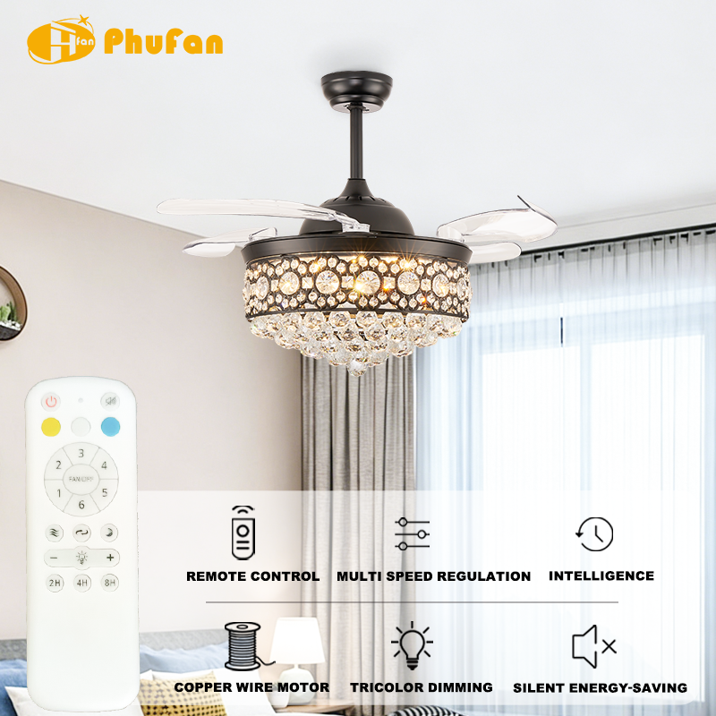 Luxury Crystal Ceiling Fan Light 3 Color Adjustable LED & Remote Control