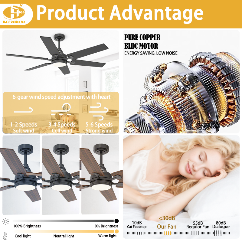 Ceiling Fan Reversible Blades RGB Dimmable LED Light with Remote for Bedroom