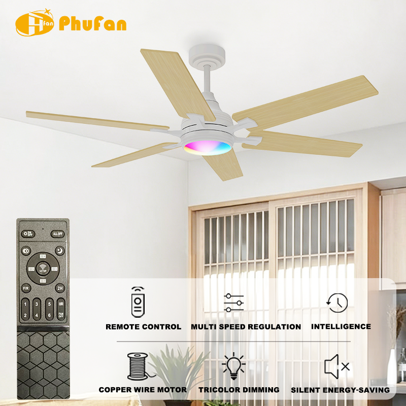 Ceiling Fan Reversible Blades RGB Dimmable LED Light with Remote for Bedroom
