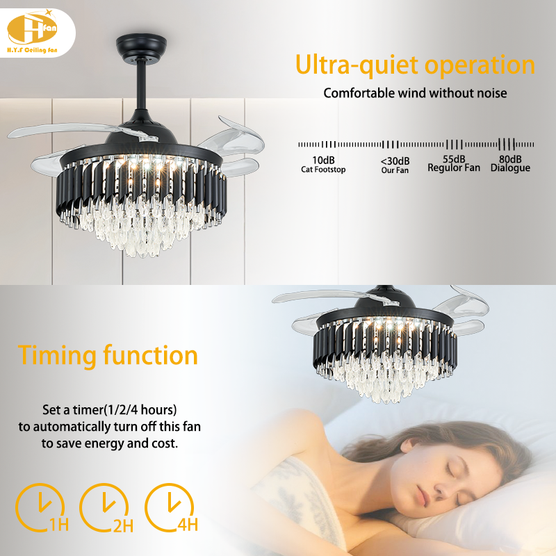 Crystal Ceiling Fan Light, Hidden Transparent Blades, Remote Control for Dining