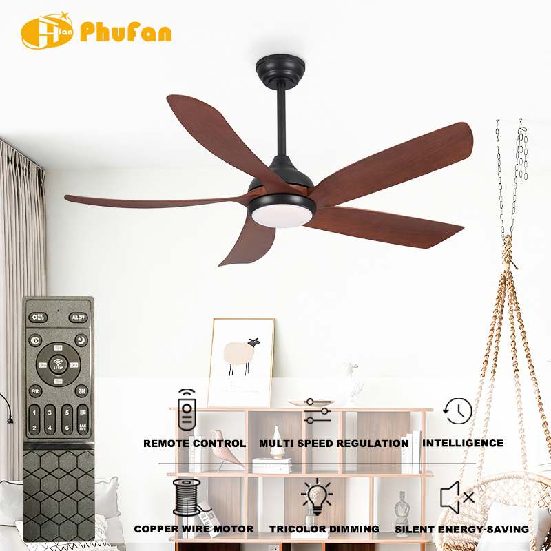 5-Blade Ceiling Fan 3 Color Dimmable LED Light & Remote for Modern Interior