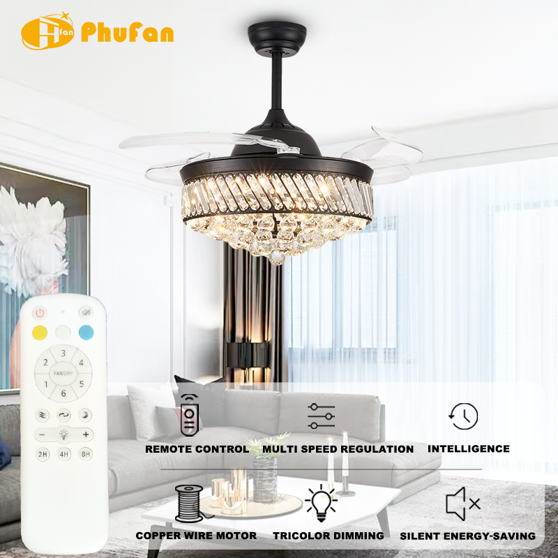 Luxury Crystal Ceiling Fan Light, Hidden Transparent Blades, 3Color Dimmable LED