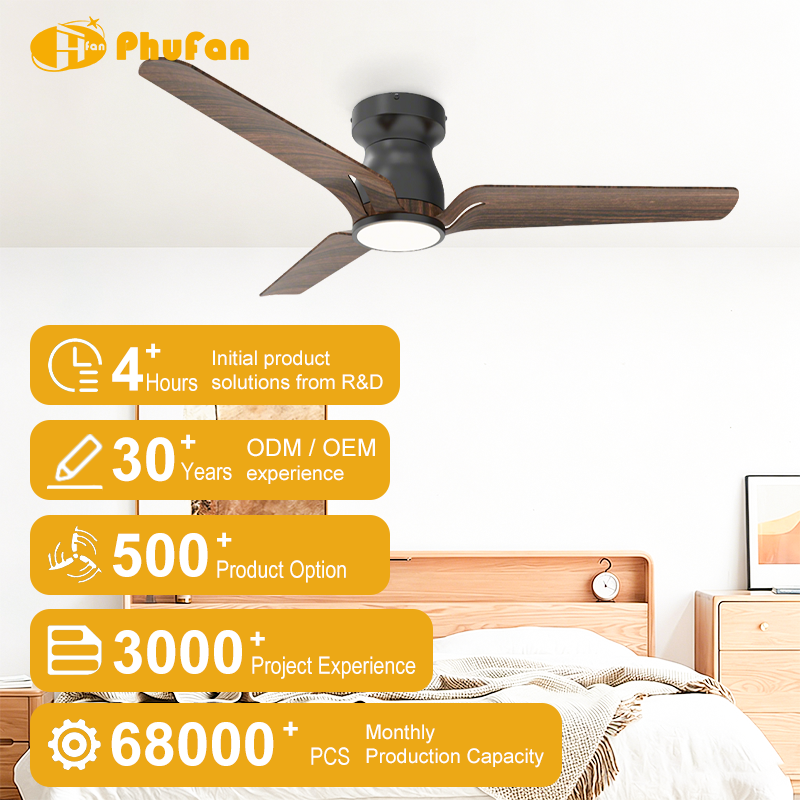 Low profile ceiling fan with light for bedroom, three wood-grain ABS blades and black housing in an interior illustration.