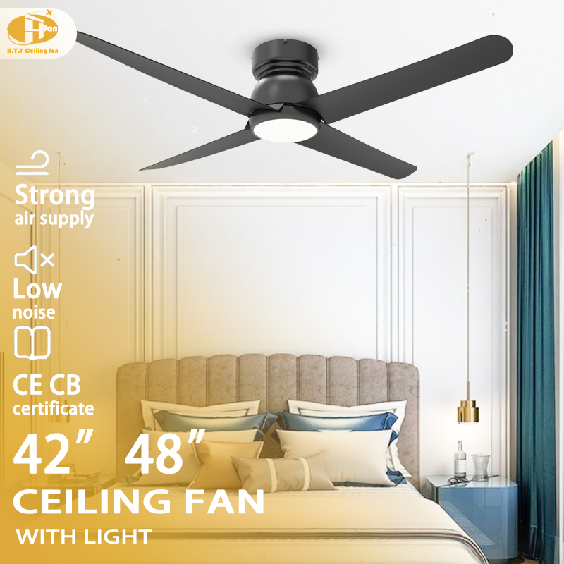 Bedroom illustration advertising a 42 inch black ceiling fan with light alongside a 48-inch size option.