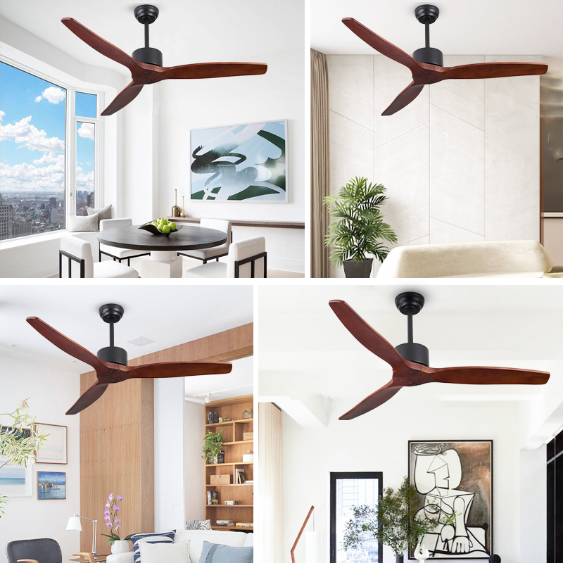 Wooden Ceiling Fan Without Light Reversible Quiet DC Motor & Remote Control