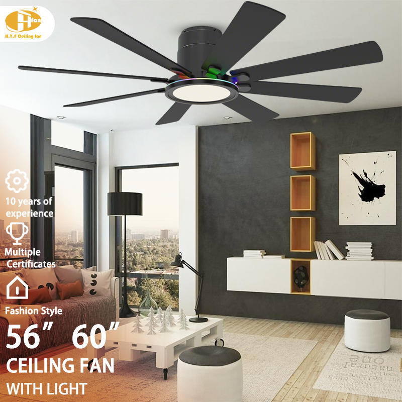 RGB ceiling fan with light for living room, black eight-blade flush-mount design in an interior illustration.