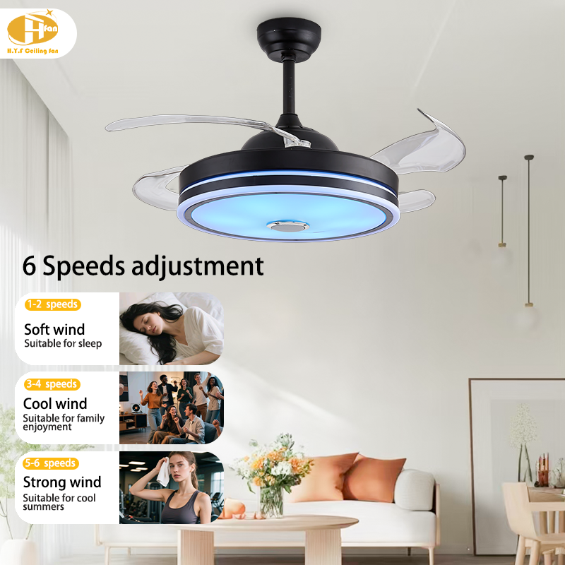 Retractable Ceiling Fan DC Motor RGB Dimmable LED Tuya Smart Control for Villa