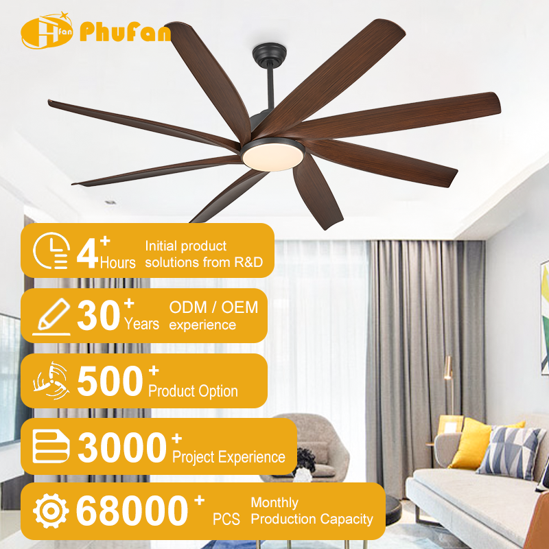 72 inch ceiling fan with light for living room, eight wood-grain blades above a seating area.