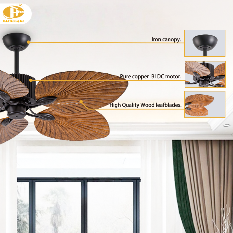 Tropical Palm Leaf Ceiling Fan without Light, ABS Blades and Remote