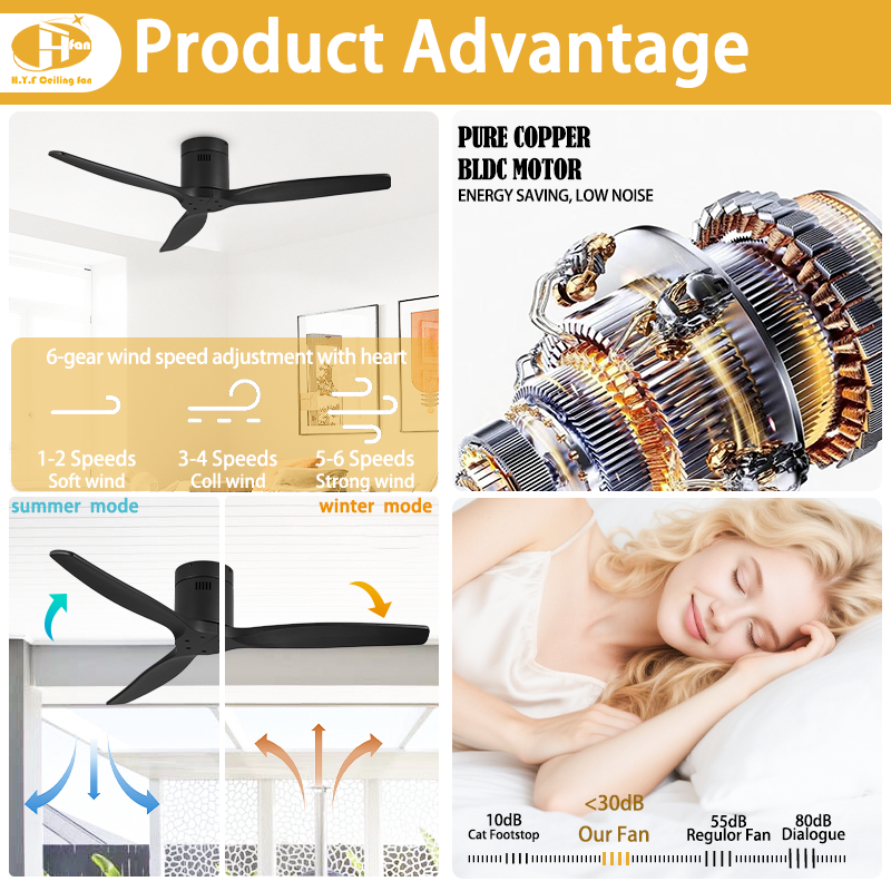 Ceiling Fan Without Light Reversible Quiet DC Motor & Remote Control for Villa