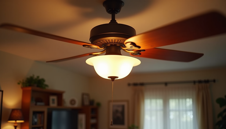 Close-up view of a decorative ceiling fan with light in a cozy living room