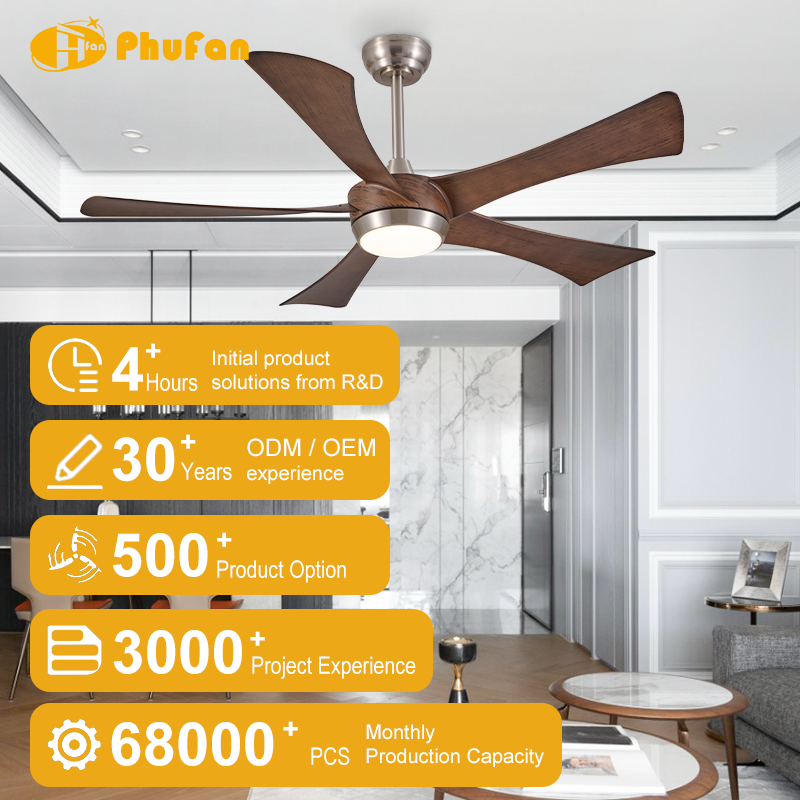 Ceiling fan with light and reversible motor for living room, walnut-look blades in a marble-accent interior.