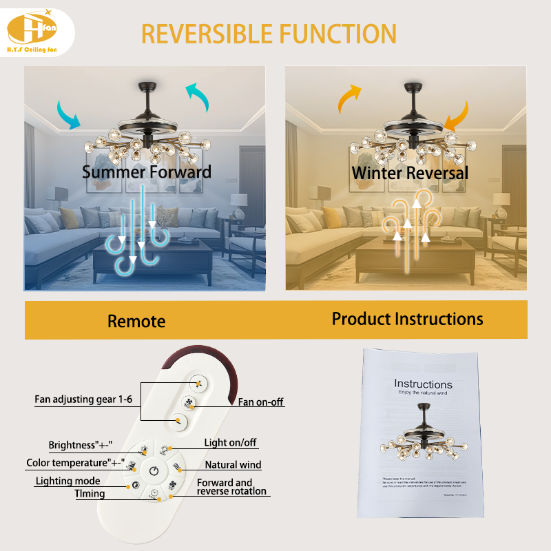 36 Inch Retractable Ceiling Fan Chandelier with Light and Remote