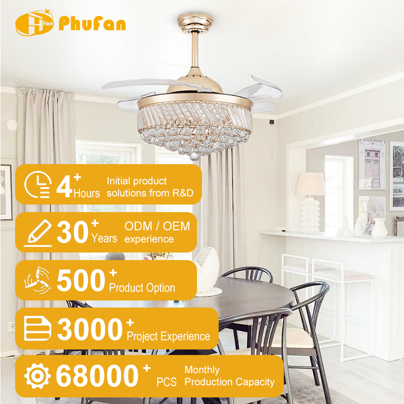 Luxury Crystal Ceiling Fan Light, Hidden Transparent Blades, 3Color Dimmable LED