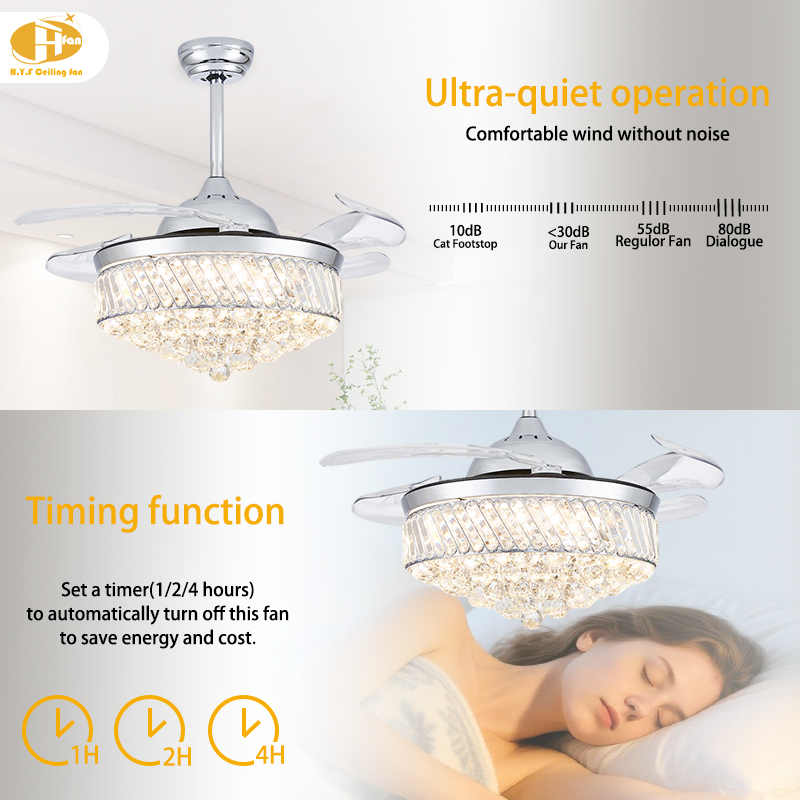 Luxury Crystal Ceiling Fan Light, Hidden Transparent Blades, 3Color Dimmable LED