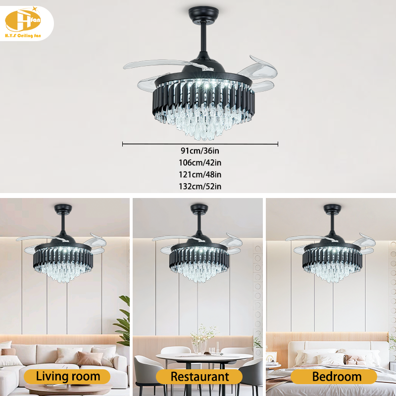 Crystal Ceiling Fan Light, Hidden Transparent Blades, Remote Control for Dining