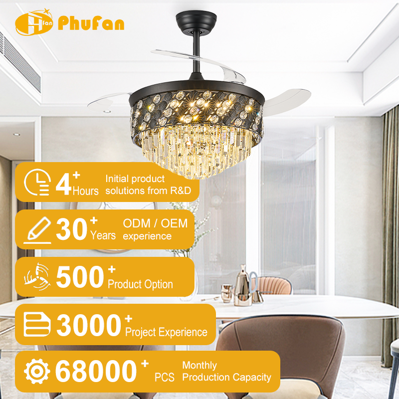 Round Dual-Layer Crystal Retractable Ceiling Fan Light Remote Control for Villa