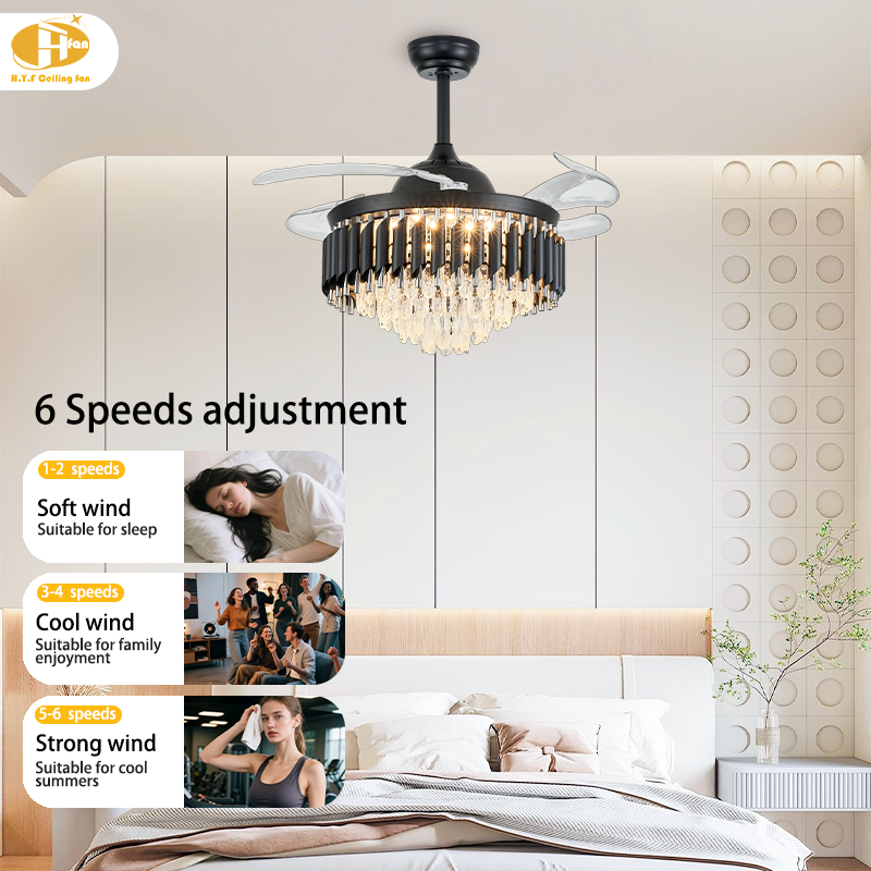 Crystal Ceiling Fan Light, Hidden Transparent Blades, Remote Control for Dining
