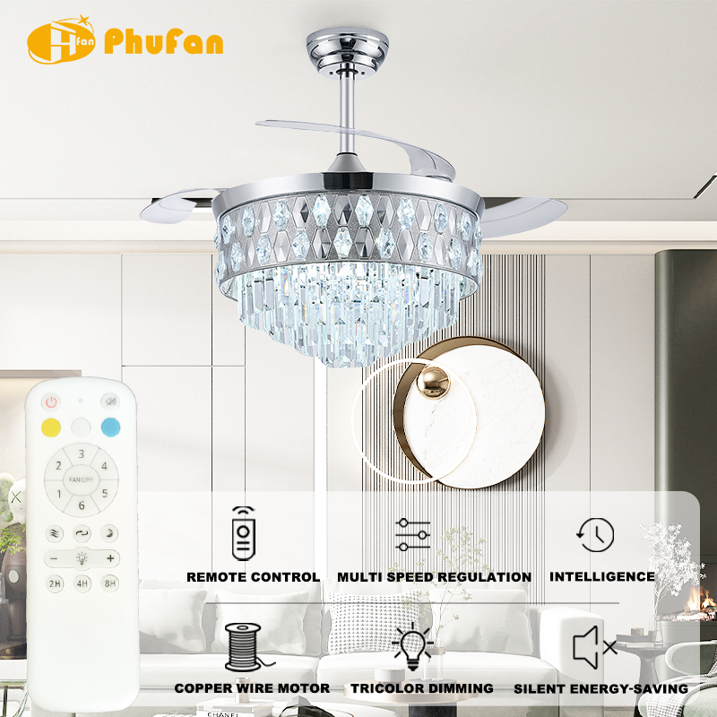 Luxury Crystal Retractable Ceiling Fan Remote Control DC Motor for Dining Room