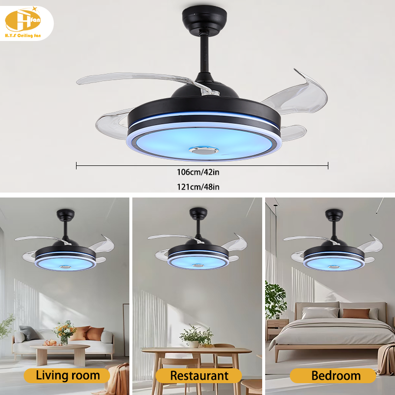 섬네일: Retractable Ceiling Fan DC Motor RGB Dimmable LED Tuya Smart Control for Villa