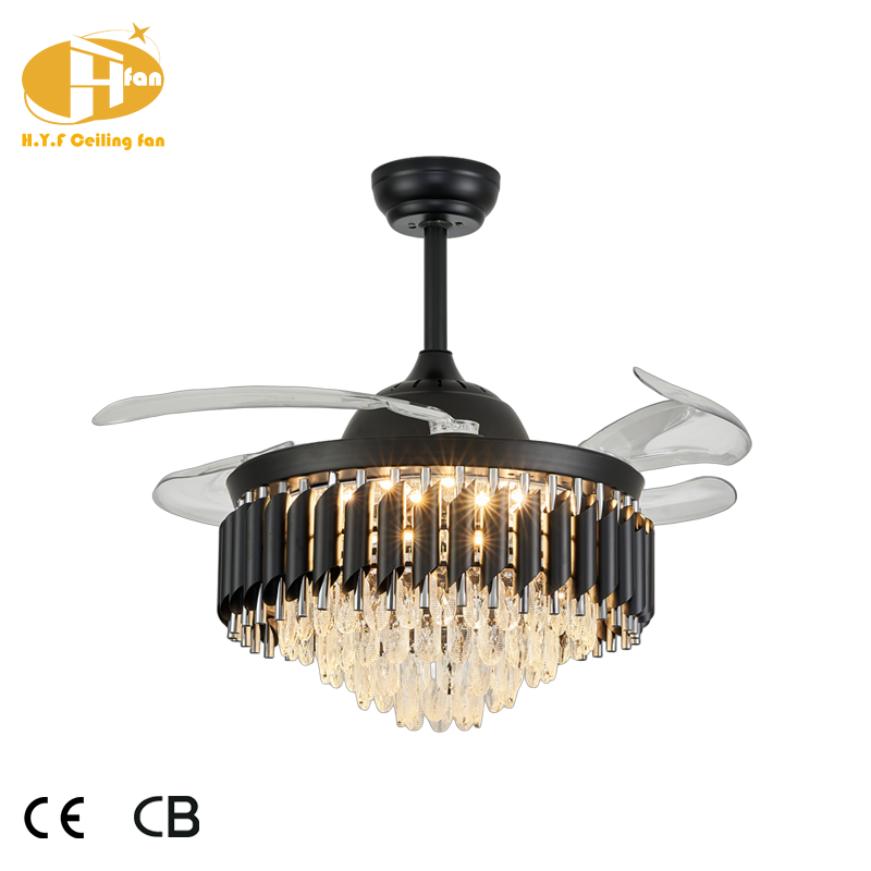 Miniature : Crystal Ceiling Fan Light, Hidden Transparent Blades, Remote Control for Dining 