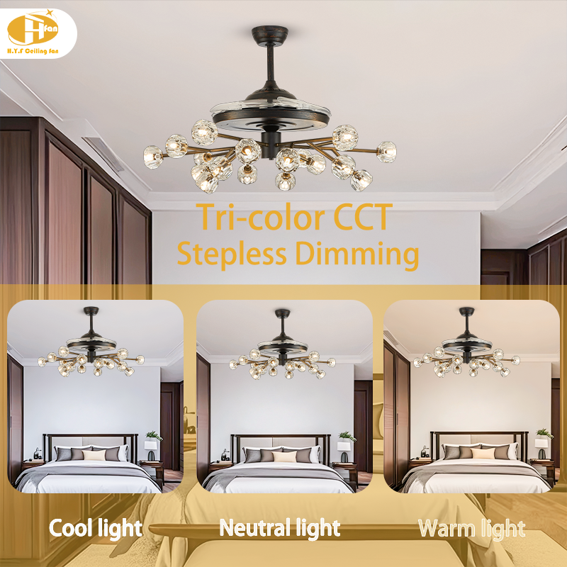 36 Inch Retractable Ceiling Fan Chandelier with Light and Remote